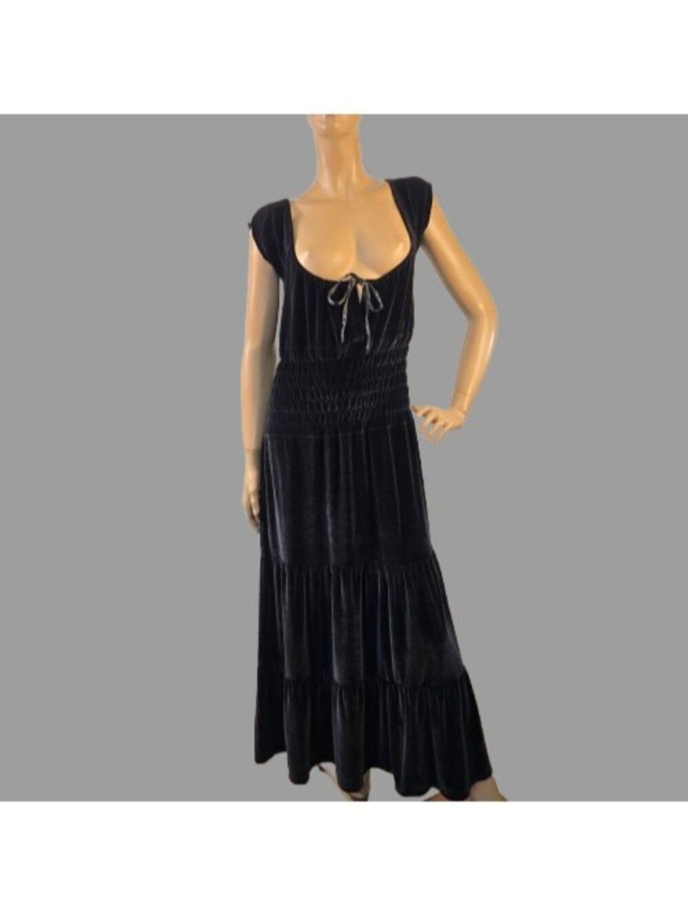 Boston Proper Black Velvet Dress Tiered Skirt Gathered Bodice Boho Goth Sz XL